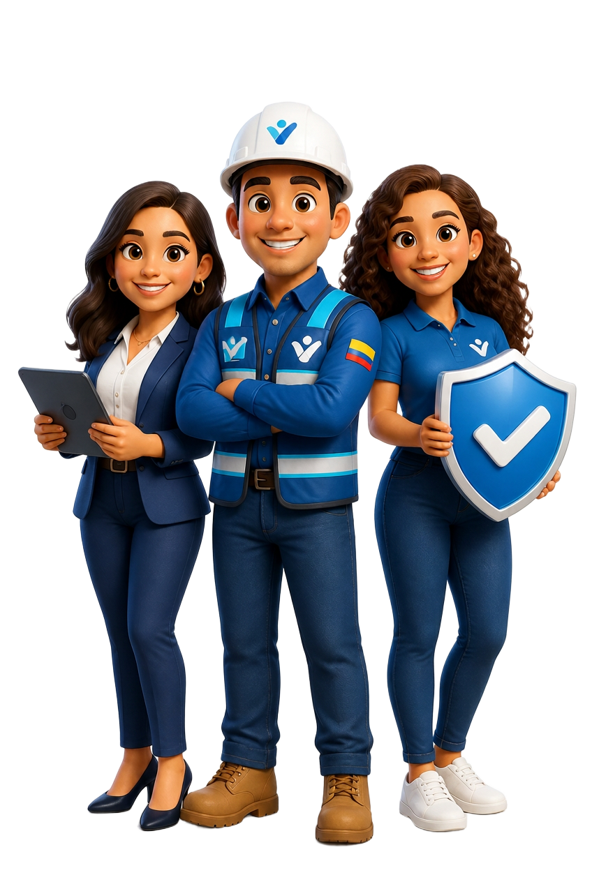 Equipo de trabajadores protegidos con ARL SURA, ilustración 3D animada